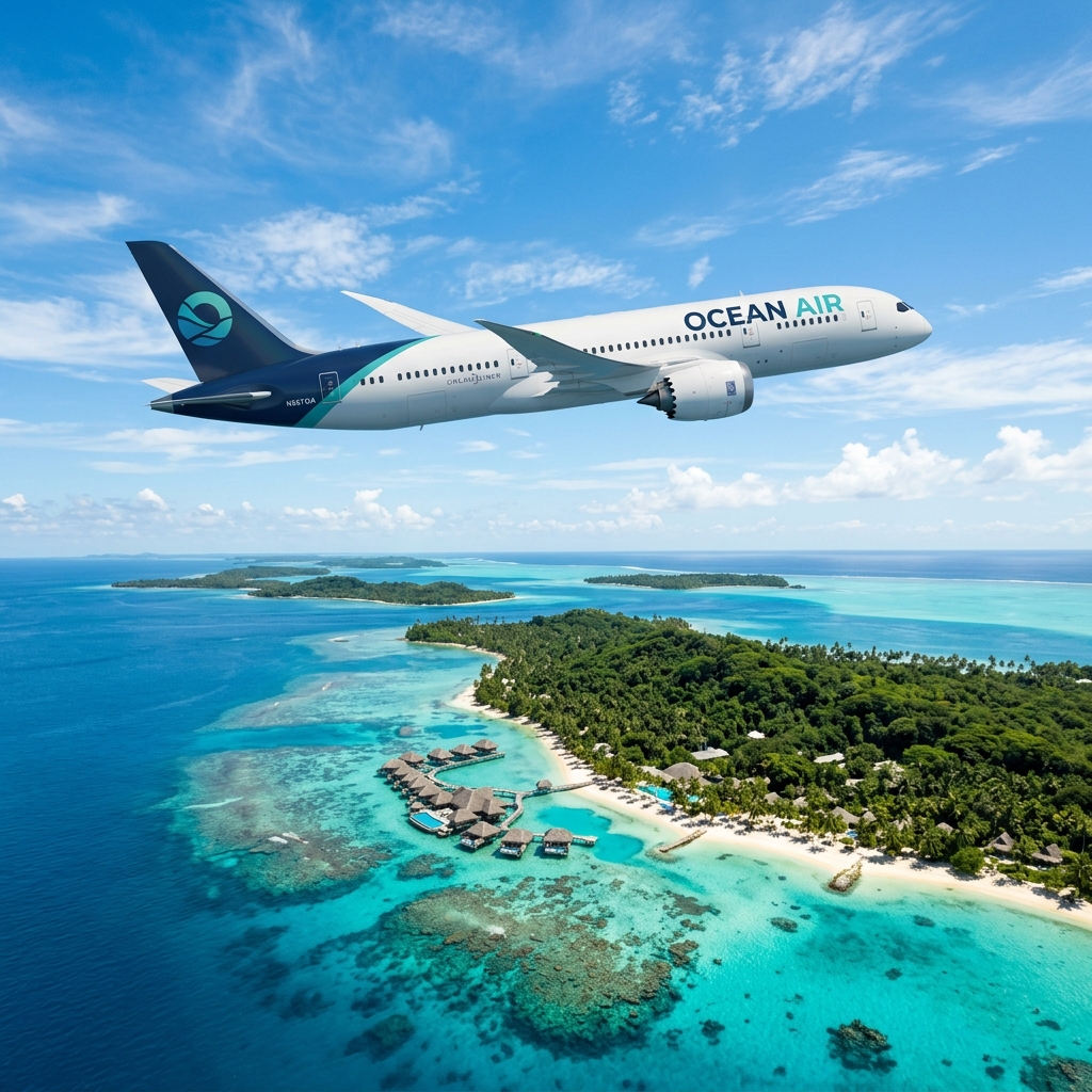 Commercial plane flying over tropical islands