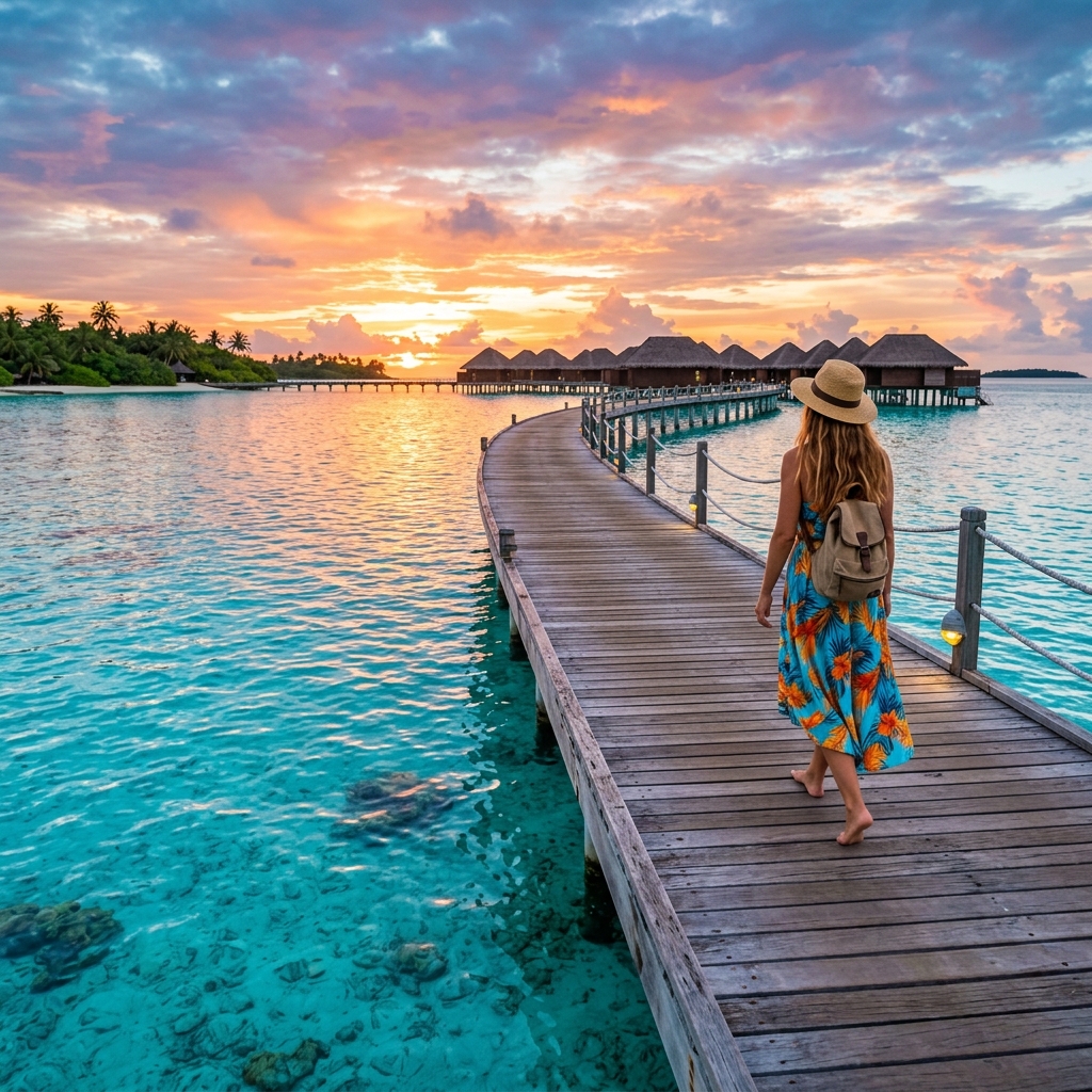 Traveler in Maldives lagoon